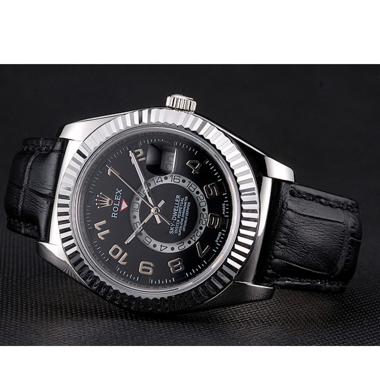 Aaa fake watches Dweller Leather Strap Black Rolex Sky Steel Dial Case Black Stainless 0624